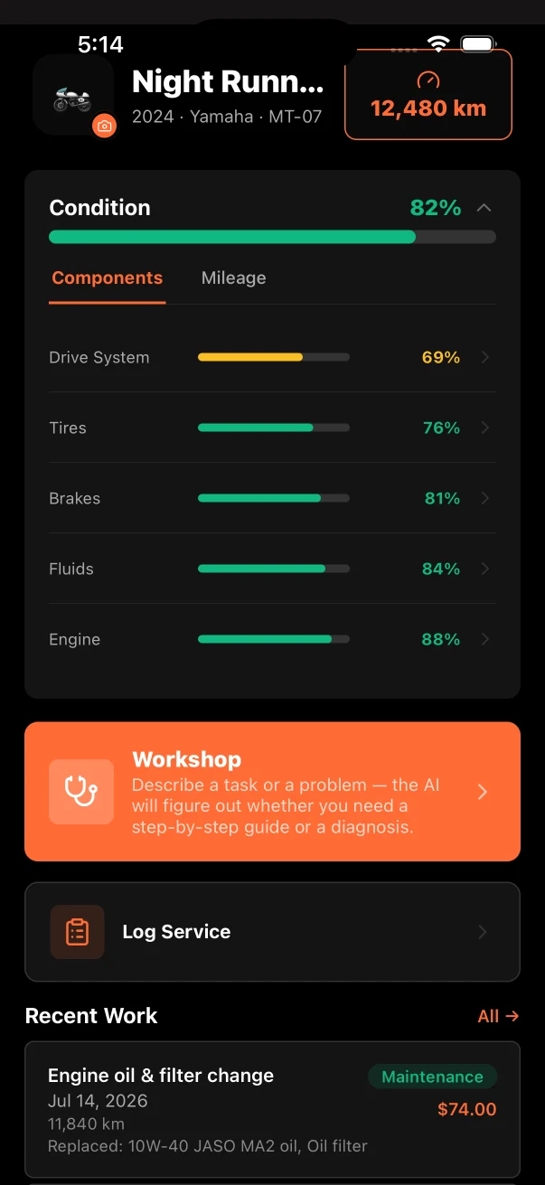Vojo motorcycle maintenance tracker showing mileage and component condition