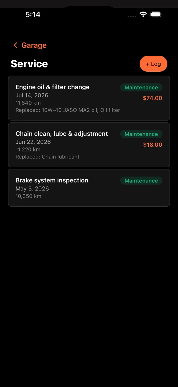 Vojo motorcycle service history with an oil change record