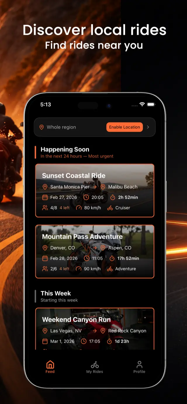Vojo ride feed showing nearby motorcycle rides