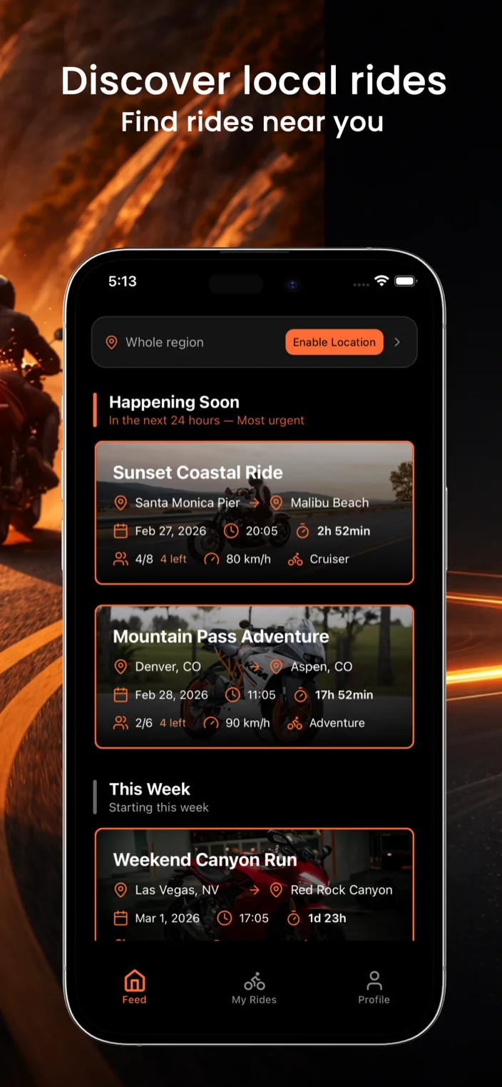 Vojo motorcycle ride app showing nearby group rides
