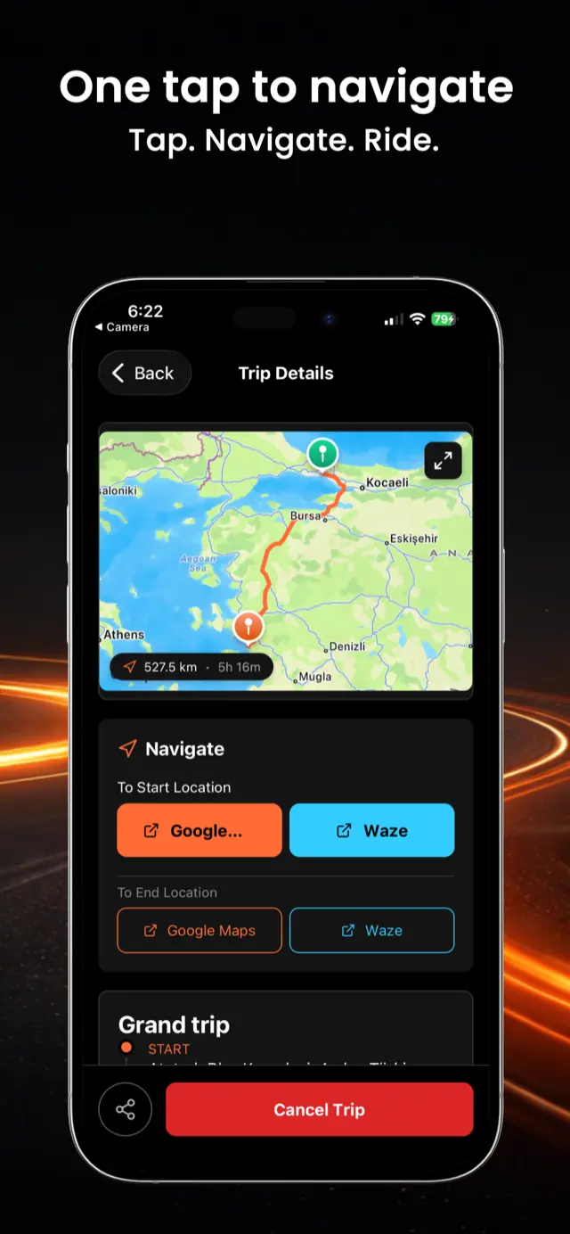 Vojo trip route with navigation options